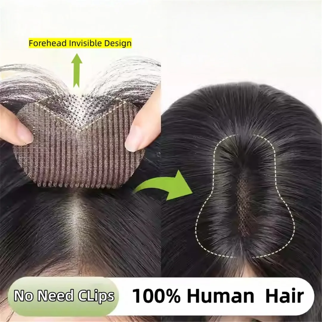 

New Invisible Forehead Design & Natural Looking Human Hair Topper For Women Magic Paste No Clips Bangs Fringe Cover Gray Hair