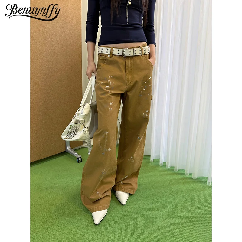 Benuynffy American Style Paint Splash Cargo Denim Pants Women 2026 Autumn New 2000s Casual Streetwear Loose Wide Leg Trousers