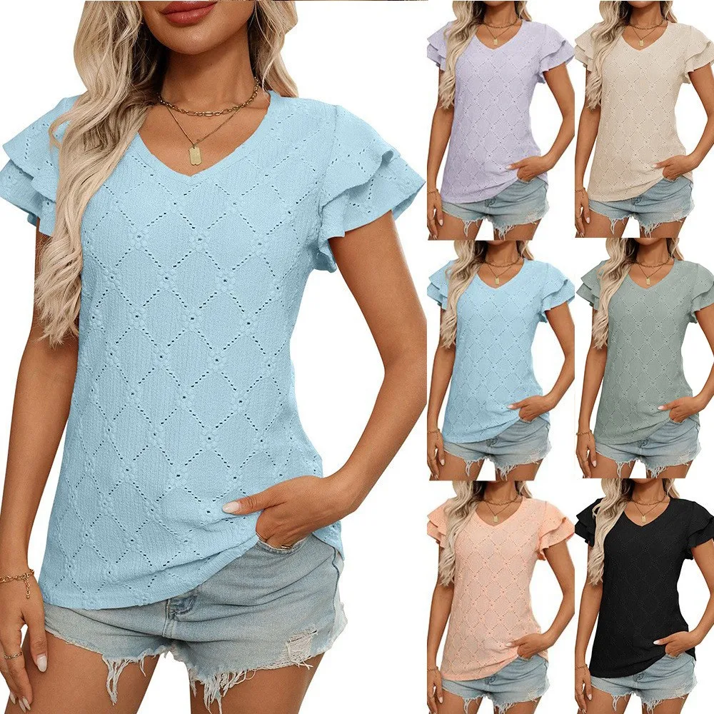 Women Blouse Short Sleeve V Neck T Shirt Eyelet Knit Hollow Out Top Pastel Blue Fitted Cut Tee Lavender Peach For Woman T-shirt