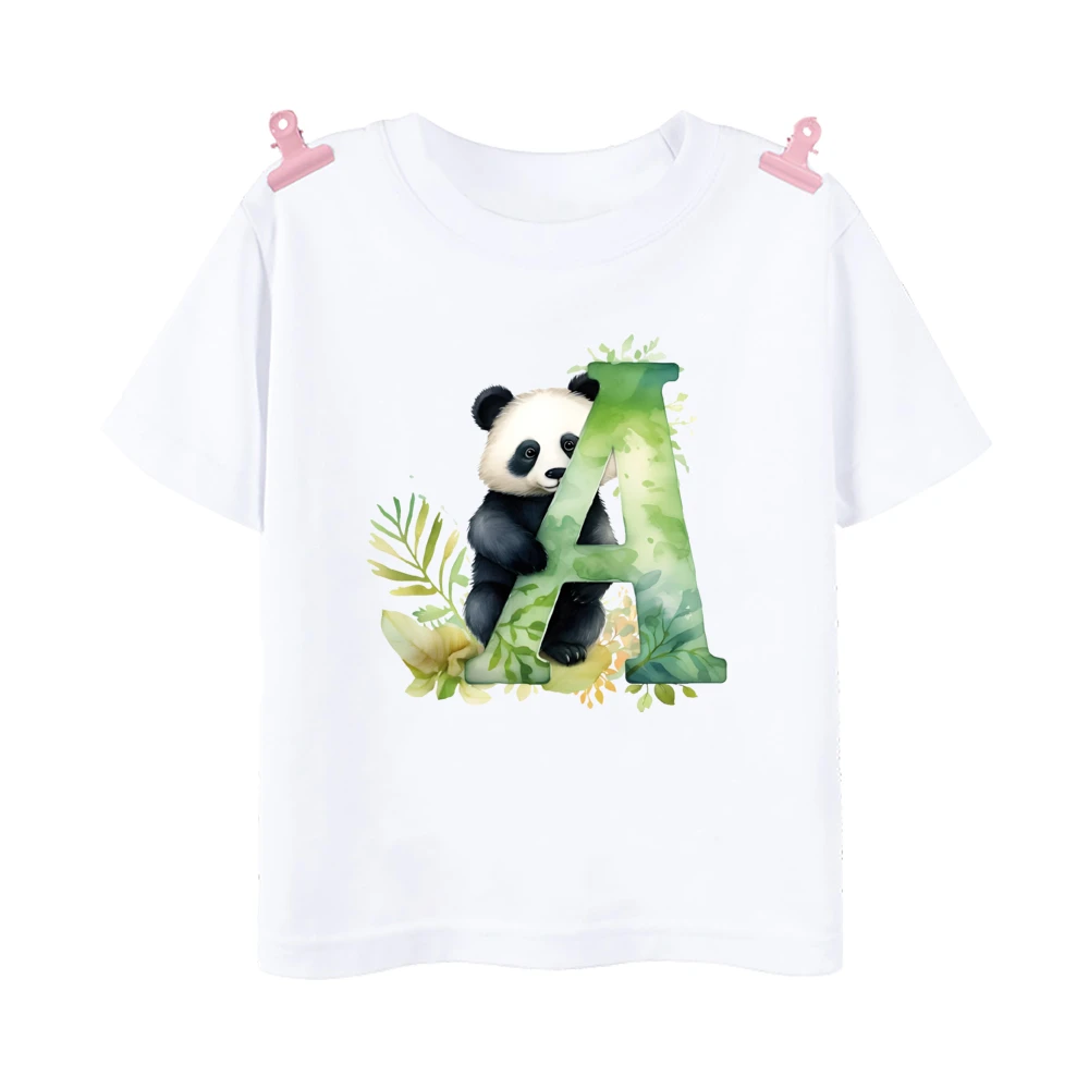 Camiseta con estampado de Panda para niños y niñas, camisa de manga corta con letras A-Z, ropa informal para verano