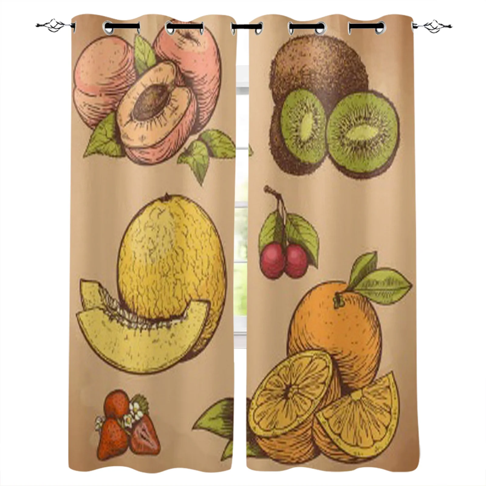 Vector Illustration Of Engraving Fruits And Berries In Retro Style Window Curtains For Home Living Room Bedroom Curtains