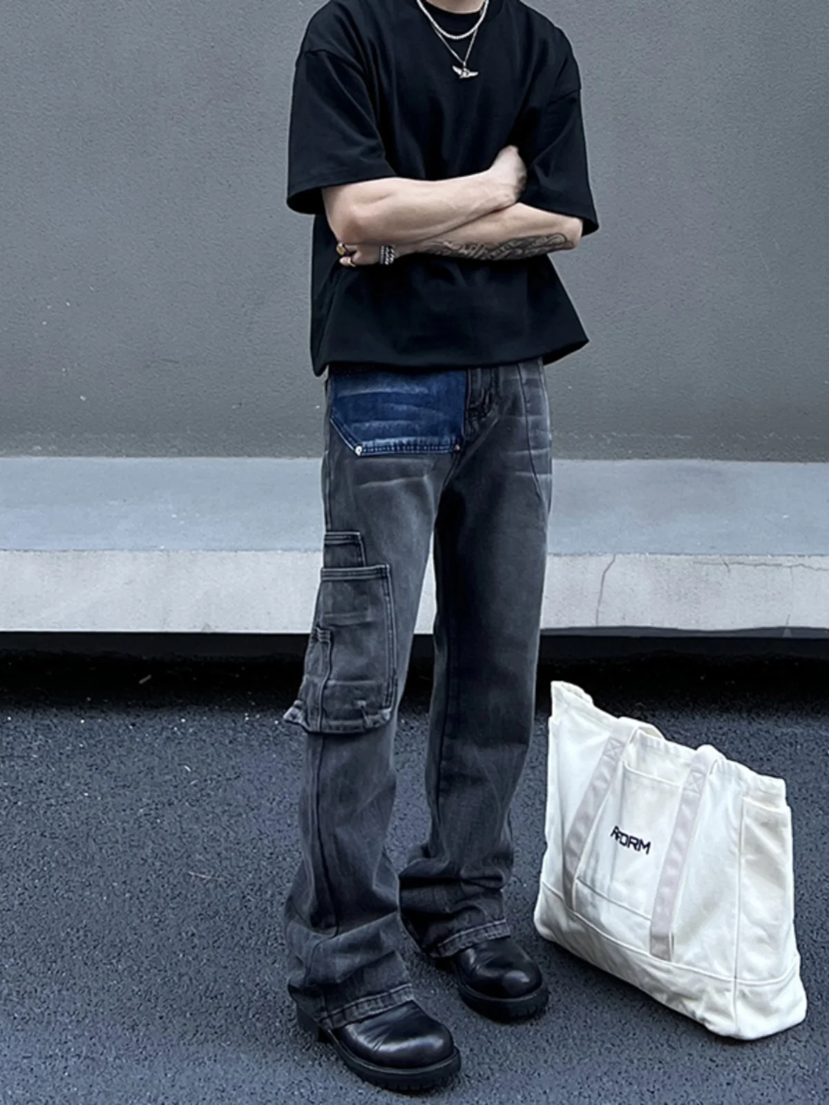 

American Retro Vintage Straight Leg Micro Flared Workwear Jeans Men's Waed ey Patchwork Cleanfit Trousers Loose Flared Pants