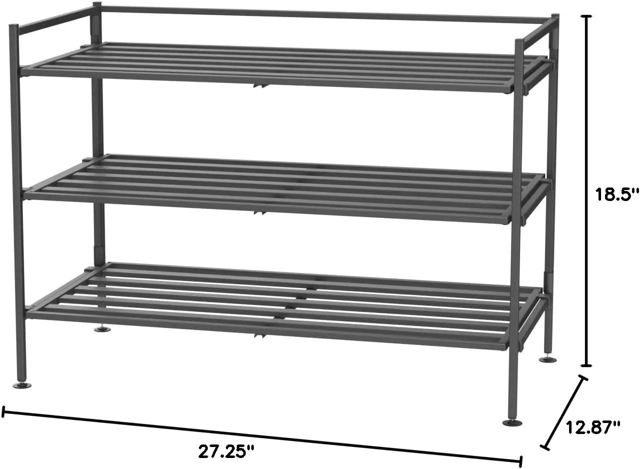 Sturdy Freestanding Storage Shelf for Bedroom,Closet,Dorm Room Organizer Stackable Durable Metal Shoe Rack Ash Gray Slat, 3-Tier