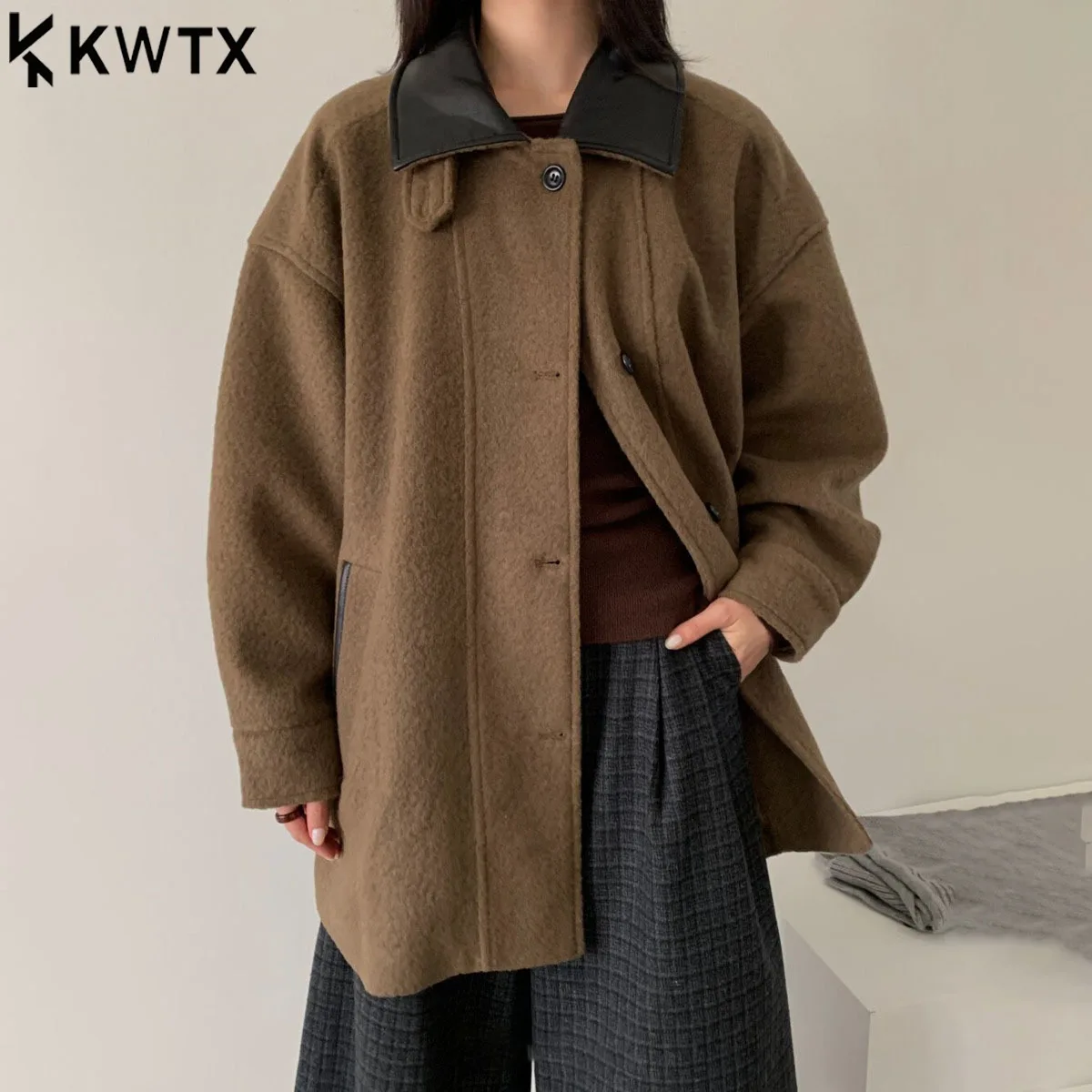 

KWTX Women's Wool Coat 2025 New Autumn Winter Midi Stand Collar Single Breasted Design Patchwork Vintage Chic Solid Color
