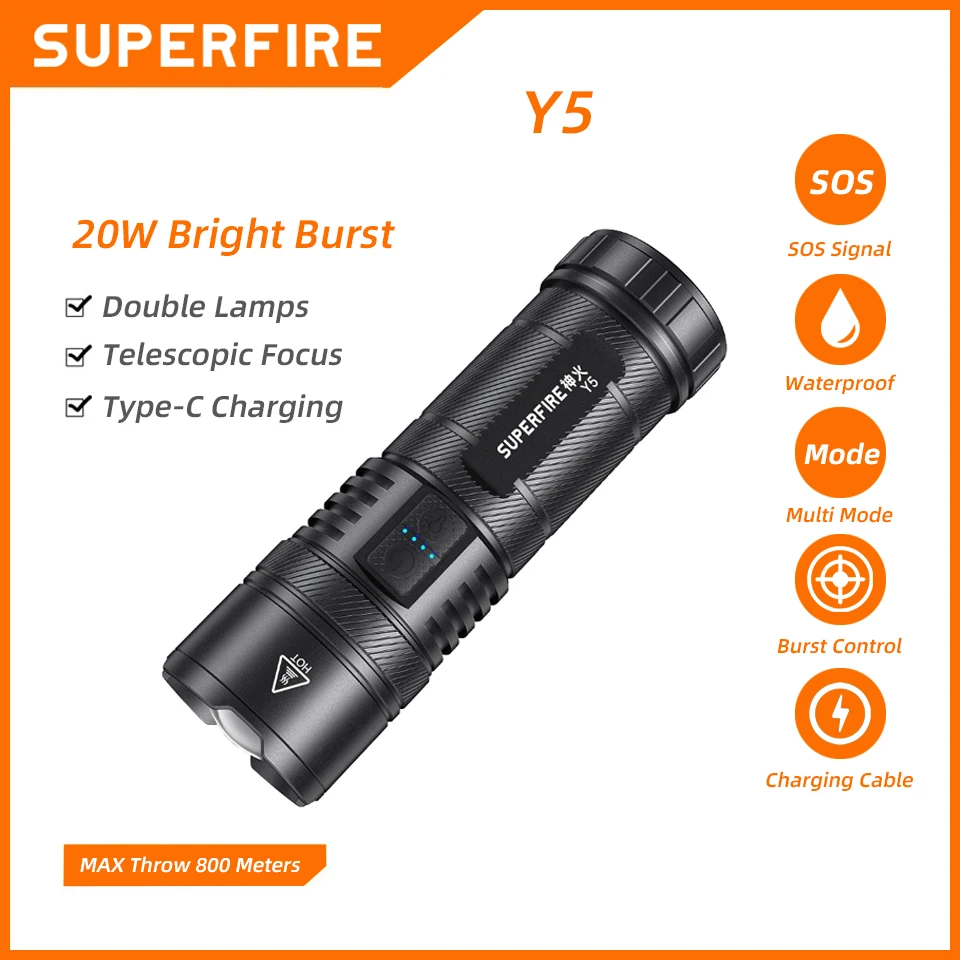 SUPERFIRE Y5 High-power Strong Light Zoom Flashlight Type-c Long Range Waterproof Camping USB Rechargeable Torch