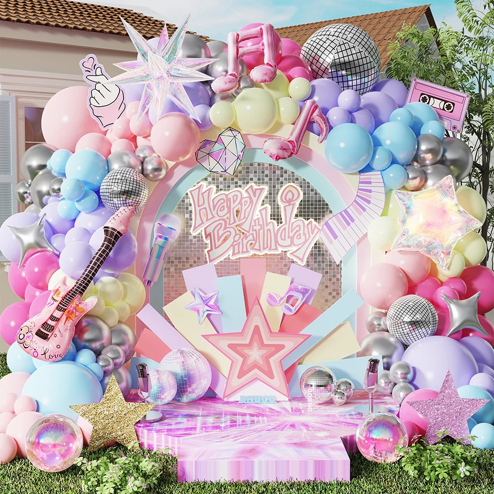 112PCS Pop Music Theme Balloon Garland Arch Kit Guitar Note 4D Disco Starburst Foil Balloon Girl Birthday Karaoke Party Decor