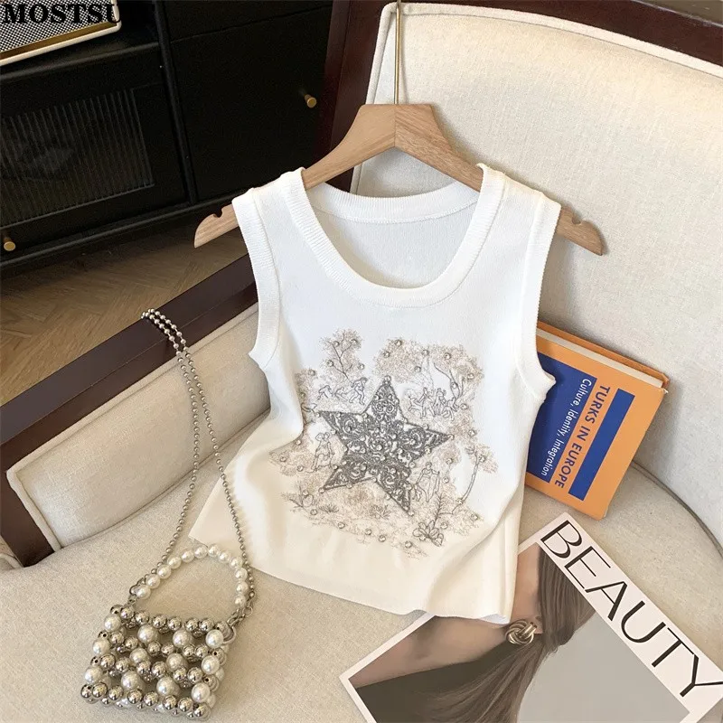 

Vintage Knit Sweater Vest Women 2024 Summer Diamonds Star Embroidery Stylish Chic Ladies Tops Knitwear Elegant Sexy Jumpers