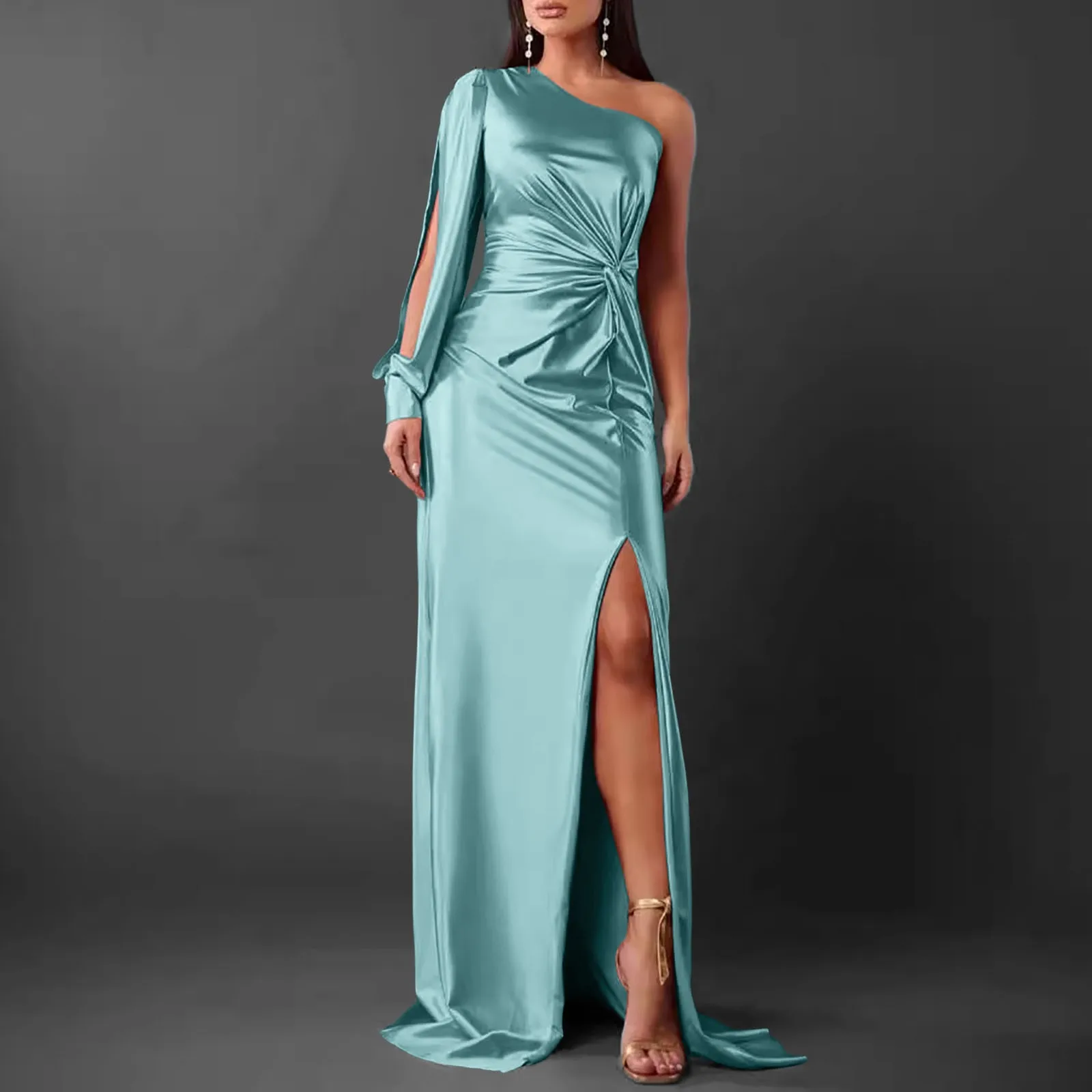 Women Fashion Party Maxi Dress Summer Solid One Shoulder Long Sleeve Cut Out Irregular Pleated Nipped Waist Slit Dresses 2024