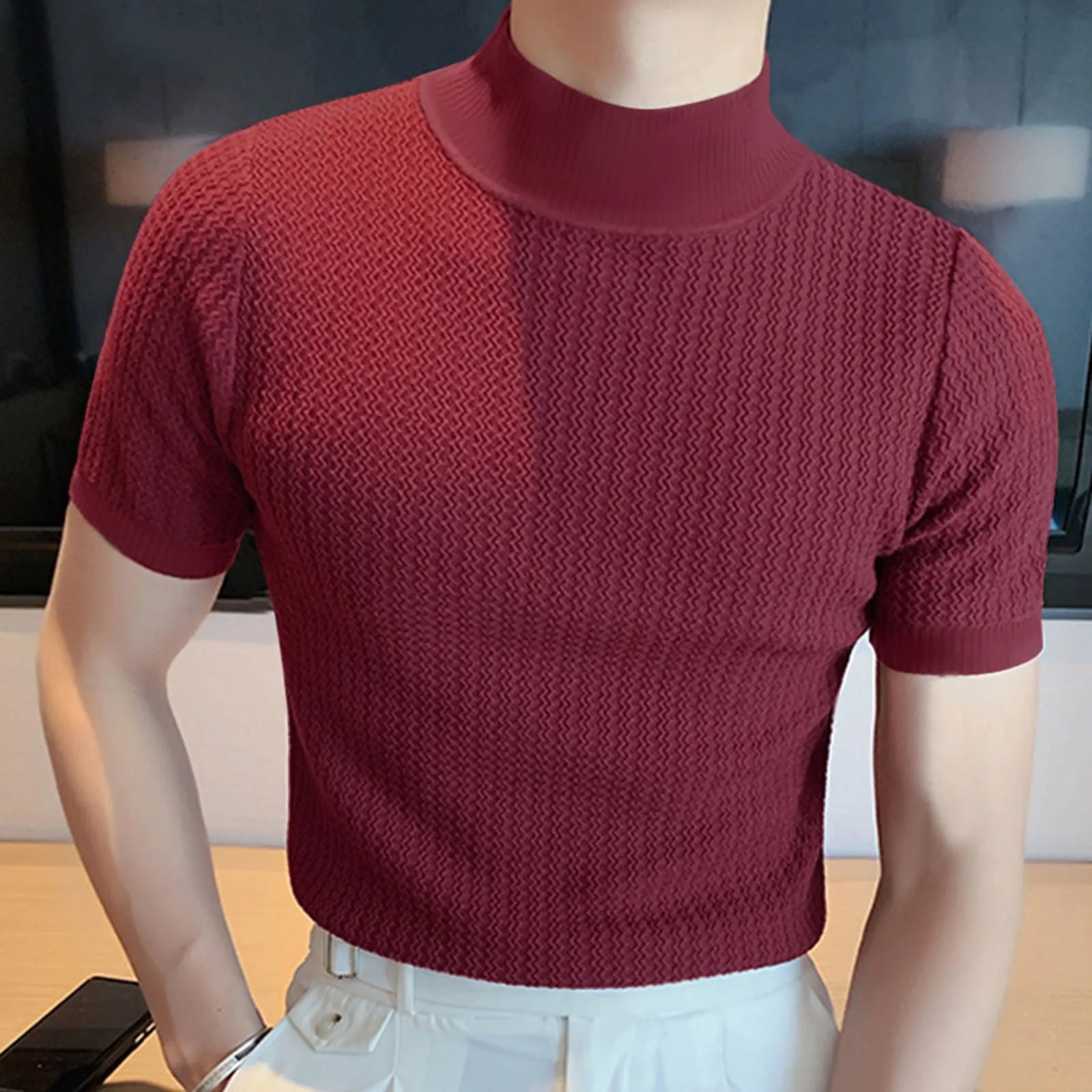 2023 Summer Tee Knitted Short Sleeve Half High Neck T-shirt Men\'s Slim Fit Pullover Round Neck Solid Knitting Shirt Korean Style