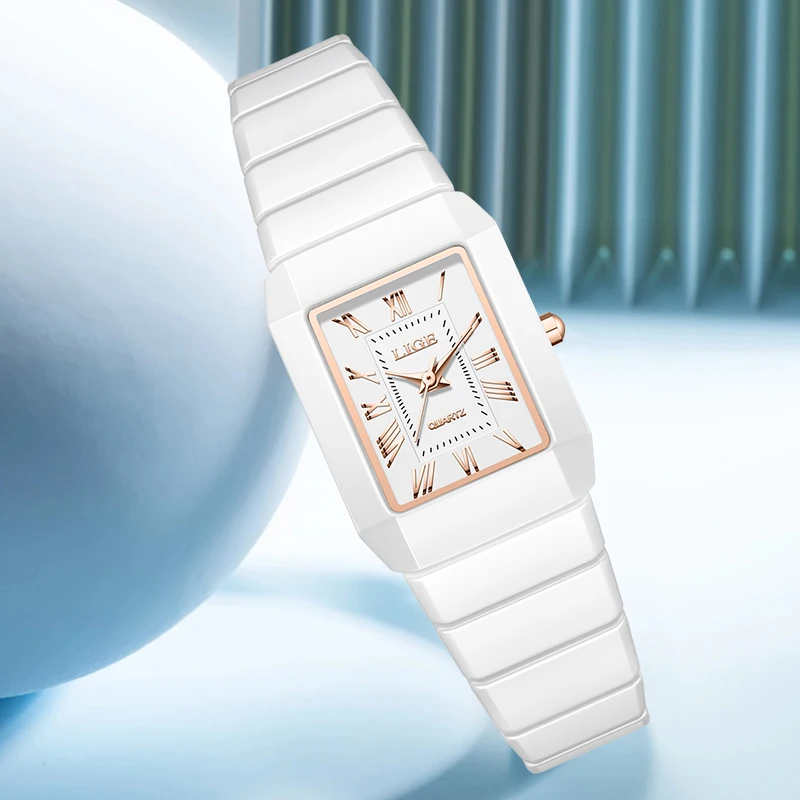 LIGE Elegant Fashion Woman Watch Square Casual Sport Luxury Ceramic Waterproof Simple Dial Ladies Gifts Quartz Watches for Women