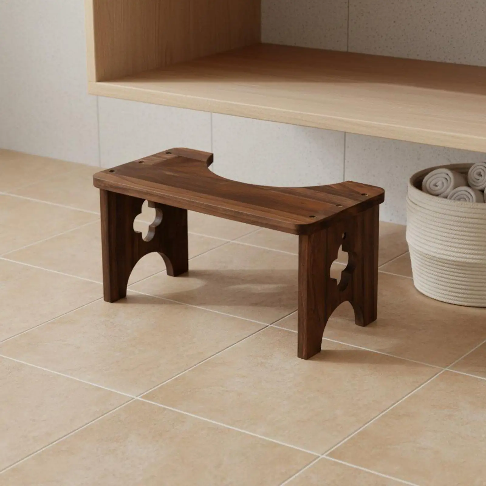 Squatting Toilet Footstool Wooden Bathroom Step Stool Carbonized Waterproof Non Slip C Shape for Home Lavatory Support