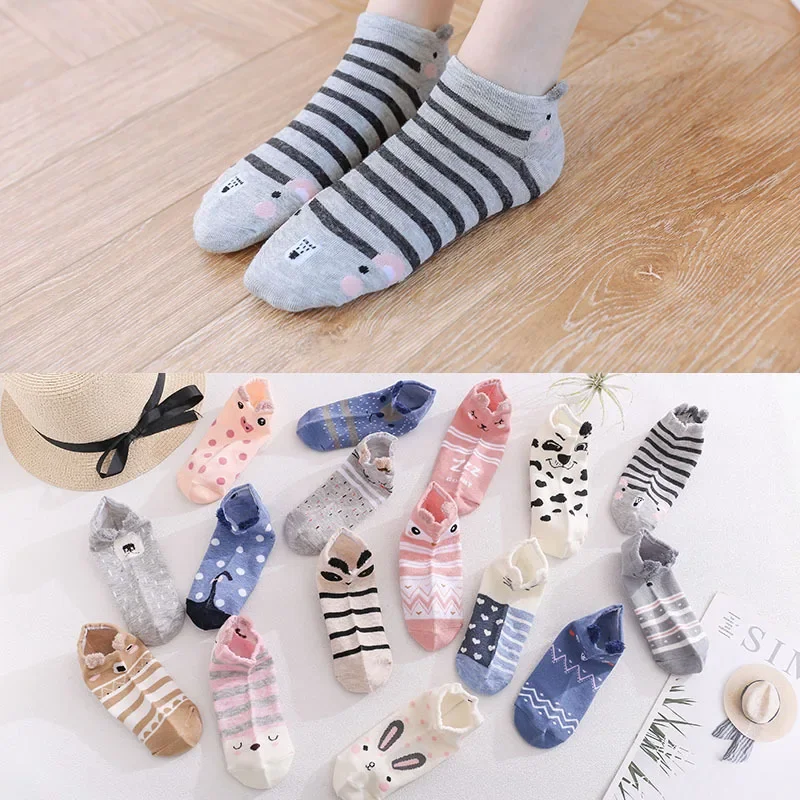 Female Short Sock Spring and Summer Women's Cotton Socks Boat Socks Cotton 3D Sock Cartoon Animal Plush Ear