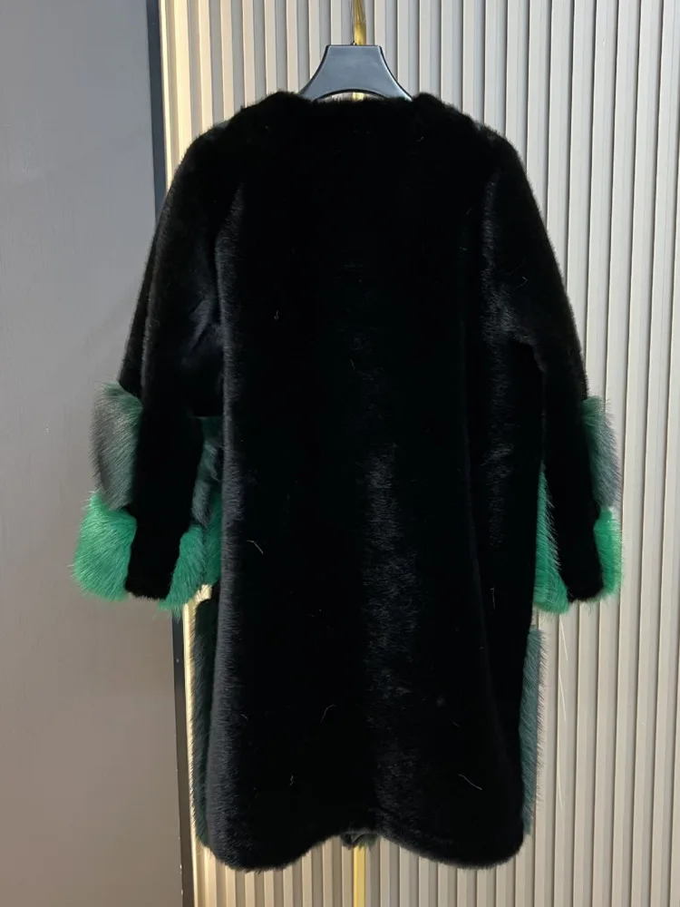 ZMEENNA معطف نسائي من الفرو الصناعي كتلة ألوان تصميم لوحة أفقية بدون ياقة على شكل حرف V مشبك ملابس خارجية شتوية دافئة ZM4480 #2