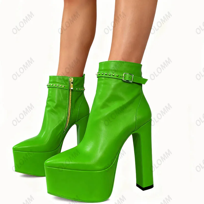 Olomm Handmade Handmade Beige Platform Ankle Boots - High Heel Leather Booties with Studded Buckle Strap Size 36-43