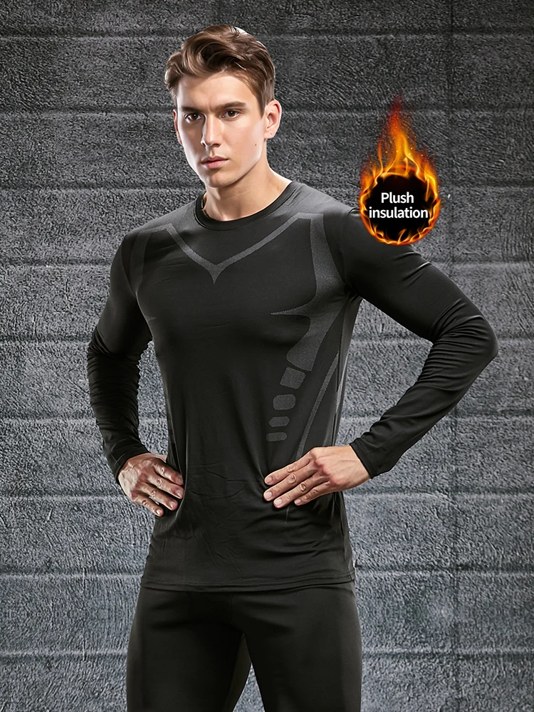 Warm Underwear For Men With Plush And Thickened Coldproof And Seamless Tight Bottoming Sports Set, Autumn And Winter Top