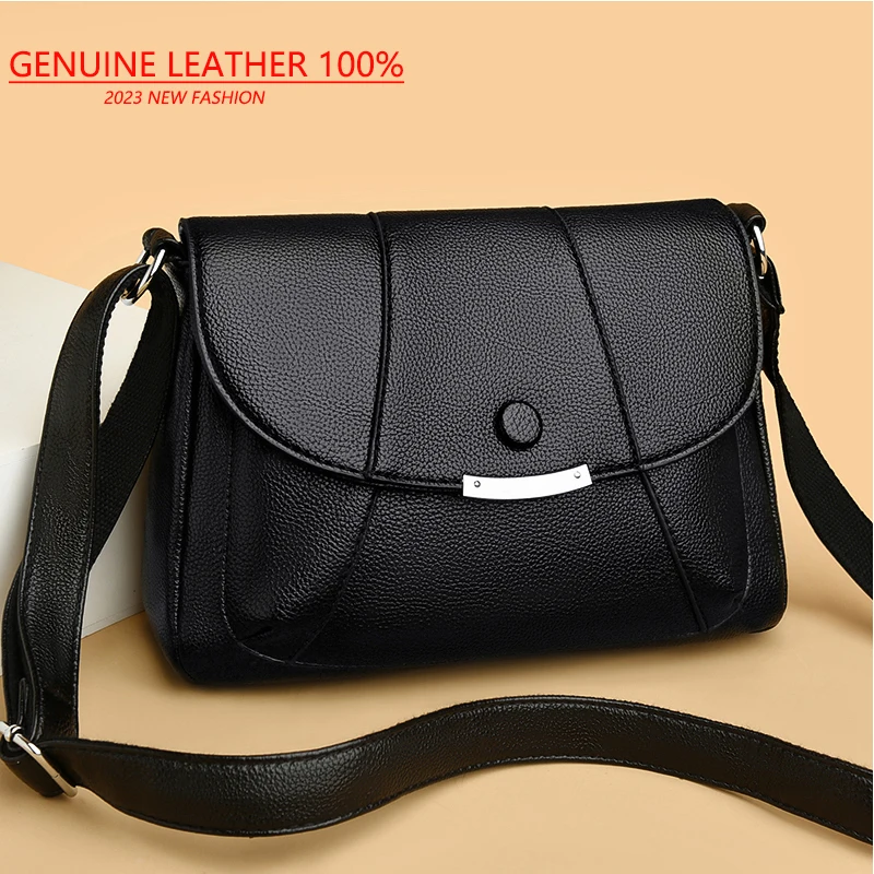 2024 NEW Solid Color Genuine Leather Women Square Handbags Wide Strap Female Shoulder Bags Cross Body Brand Designer Cowhide Bag