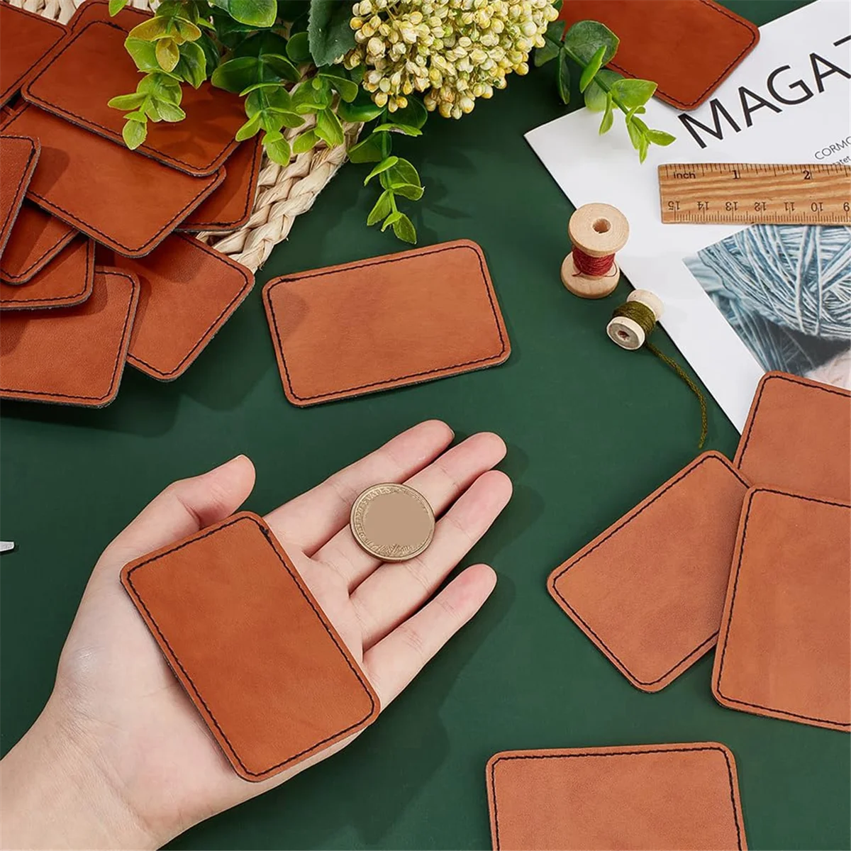 N88R 40 個長方形ブランクレザーパッチ 2X3 インチ茶色の帽子パッチ帽子ジャケットバックパック DIY 修復ニット縫製