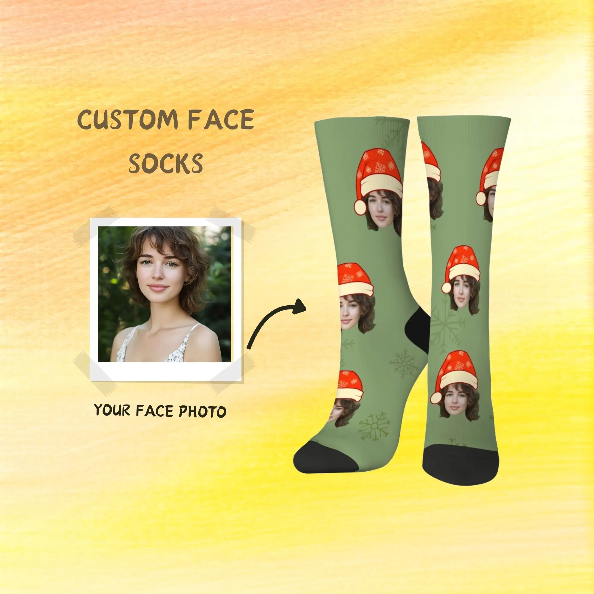 

Trendy Fresh Custom Face Santa Hat Christmas Socks Dark Green with Subtle Snowflakes Fresh Festive Ideal Personalized Gift