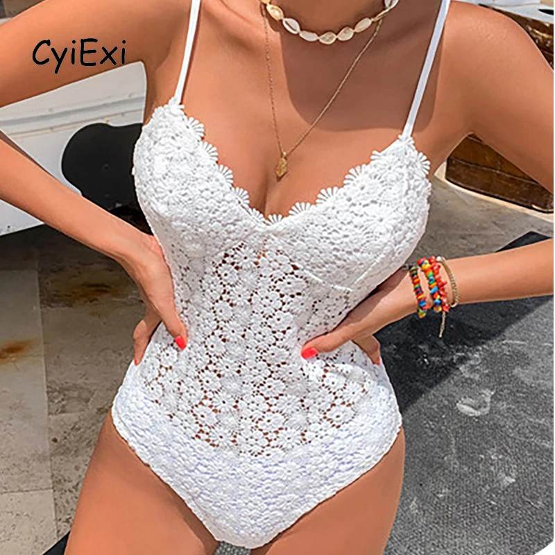 CyiExi Plus Size Sexy Crochet One-piece Swimsuit V-neck Lace Hollow Out Woman Bathing Suit Beach Swimwear Push Up Monokini S-XXL