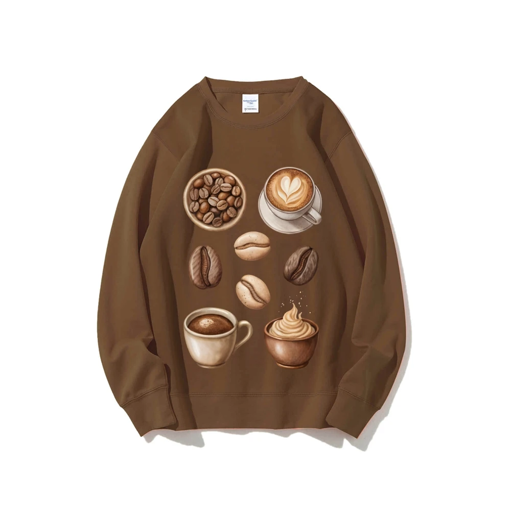 Sudadera con estampado de granos de café y bebidas, sudadera gráfica Y2K aromática, rica y energizante, tela suave para apariencia informal para amantes del café
