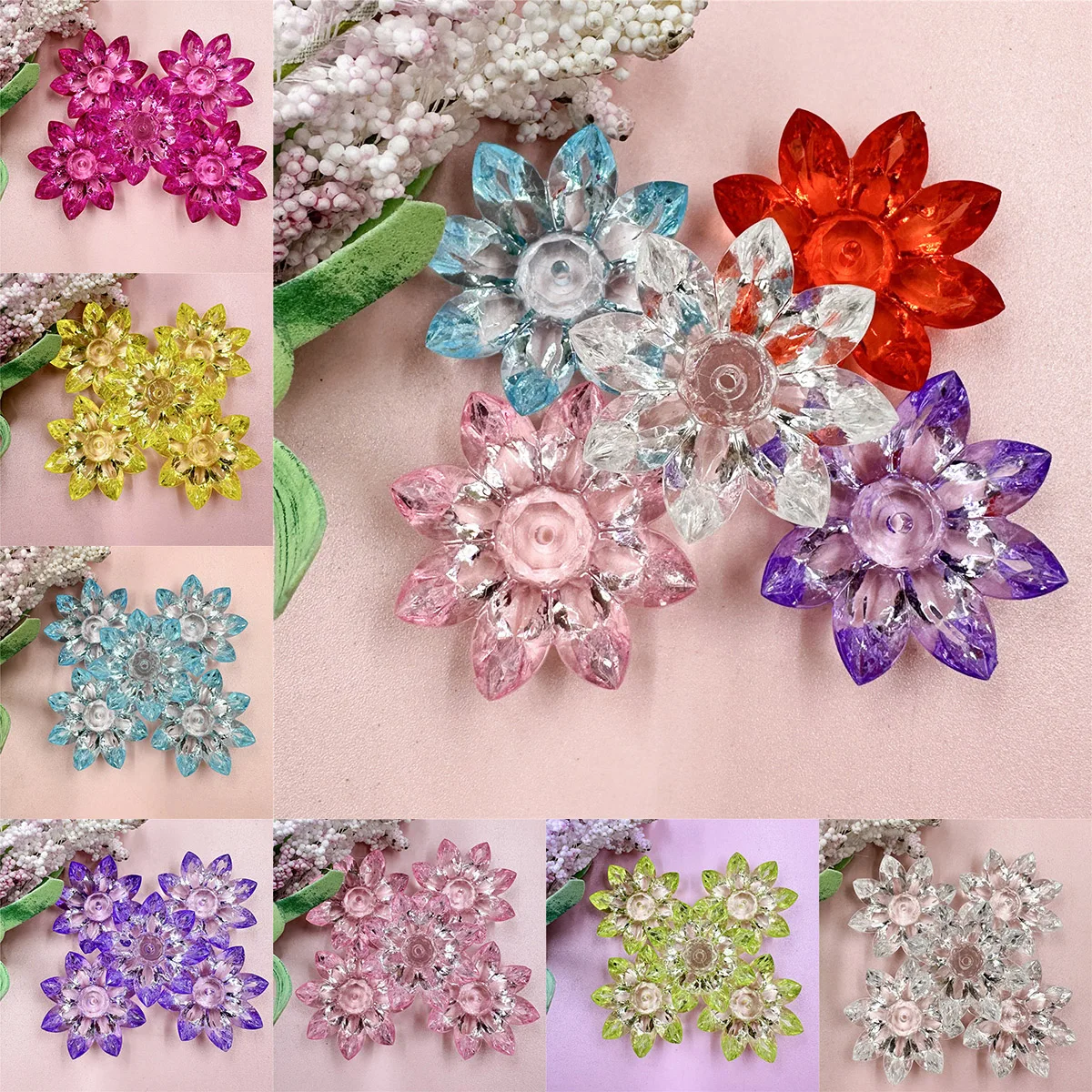 5pcs 31mm Flowers Shape Beads Lotus Flower Acrylic Transparent DIY Accessories Jewelry Crystal Home Decoration Bracelet  Making