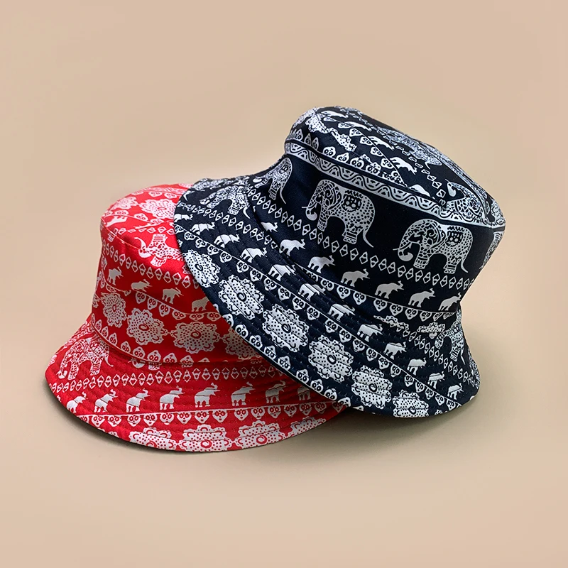 Ethnic Style Print Elephant Flower Bucket Hats New Unisex Casual Sunshade Versatile Double Sided Wearable Retro Fisherman Caps