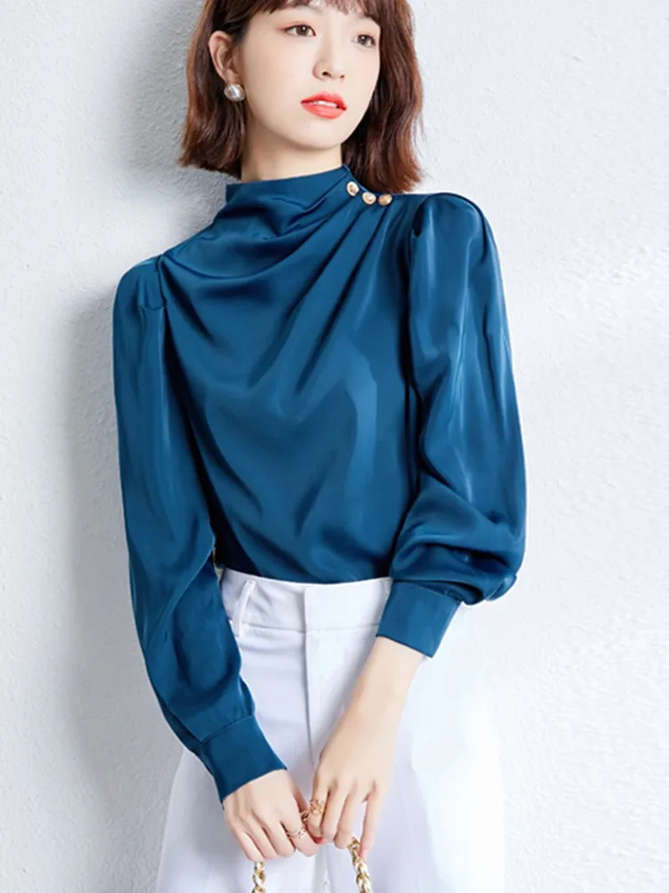 Elegant Women Blouses Satin Female Metal Button Shirts Blue White Office Lady Work Wear Tops Long Sleeve Femme Blusas Chiffon