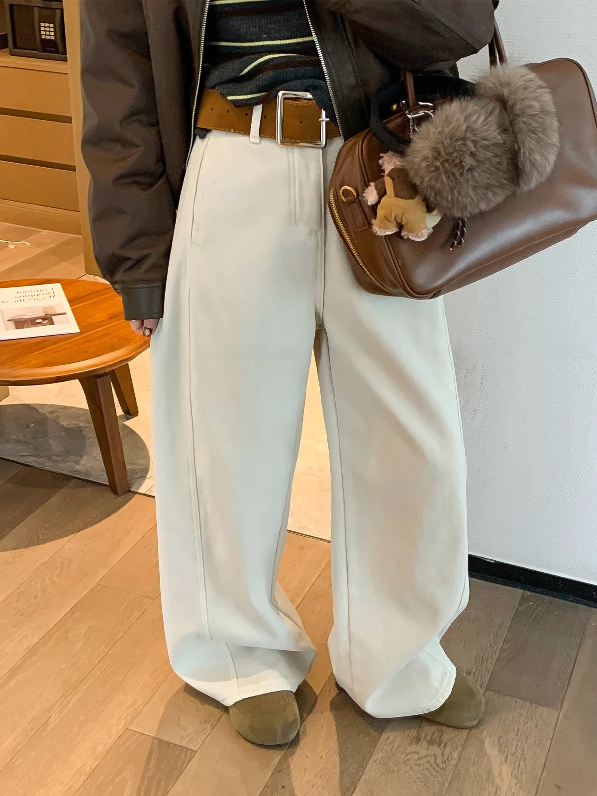 

Love Devil Fi женские хлопковые джинсовые брюки с высокой талией на подкладке, широкие зимние брюки с поясом, новые джинсы Sle для поездок на работу