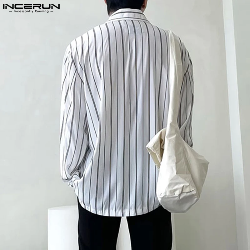 INCERUN-camisa a rayas de manga larga para hombre, ropa informal de doble botonadura, holgada, moda coreana, 2024