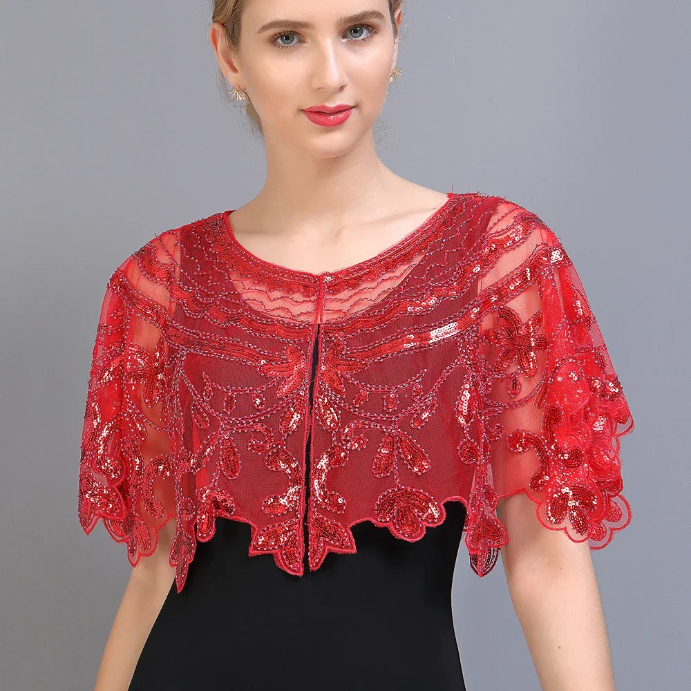 New Women's Vintage 1920s Embroidery Mesh Shawl Beaded Sequin Bolero Flapper Evening Cape Great Gatsby Party Cover Up for Dress