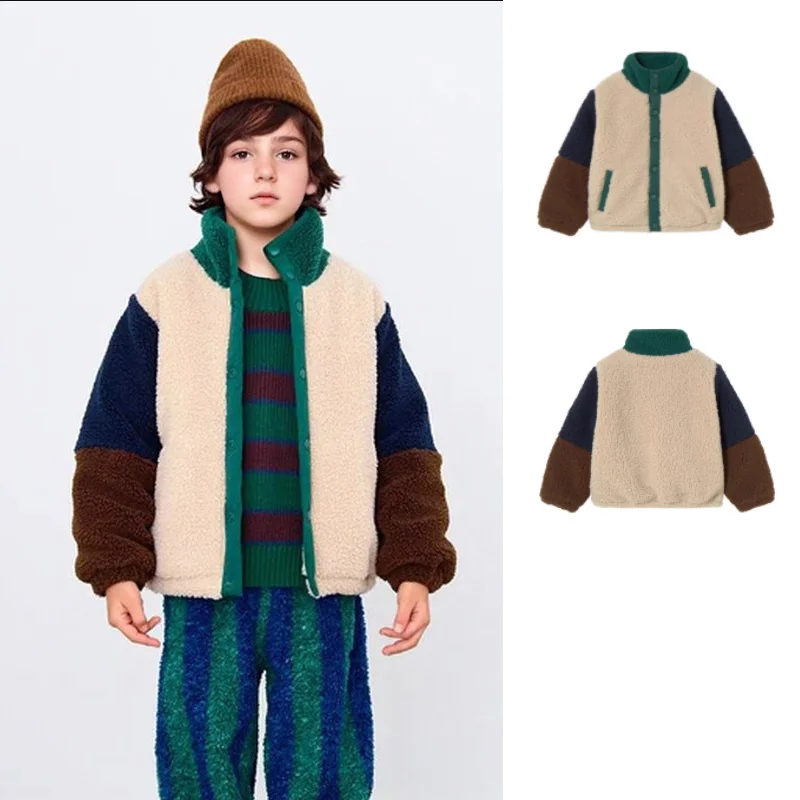 

Children's Jacket 2025 Winter New Style Color blocked Fashion Thickened Warm Boys' Cotton Jacket Pure Cotton High Collar Coat