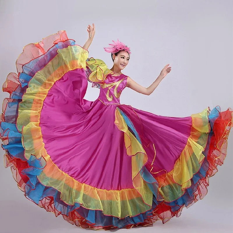yesWomen Flamenco Dress Spain Belly Dance Skirts Ballroom Costumes Spanish Gypsy Big Dance Flower Chorus Stage Performance Wear