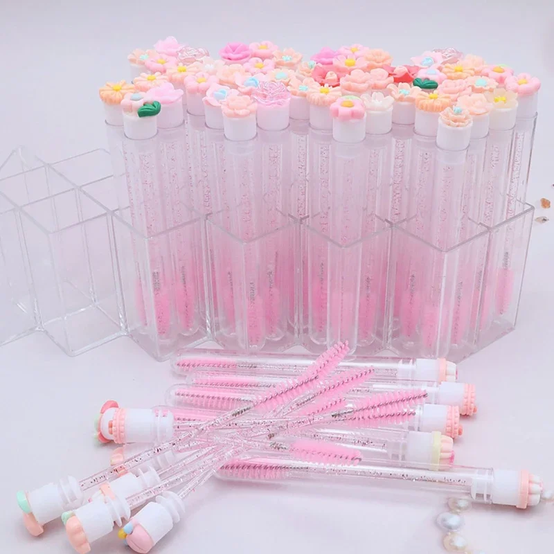 Flower Tube Wimpernbürsten-Set, wiederverwendbare Mascara-Bürste mit Kristallflasche, staubdichte Aufbewahrungsröhrchen für Wimpern- und Augenbrauenbürsten zum Aufbewahren von Make-up – Detail 2
