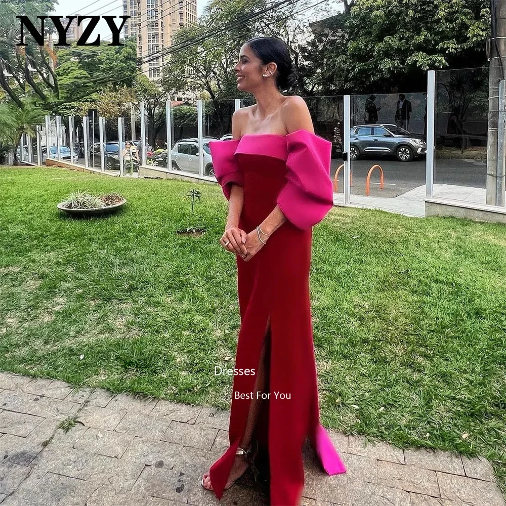 

NYZY E448 Off the Shoulder 3/4 Sleeves High Slit Big Bow Back Elegant Mermaid Evening Dresses Red Party Prom Gowns Customized