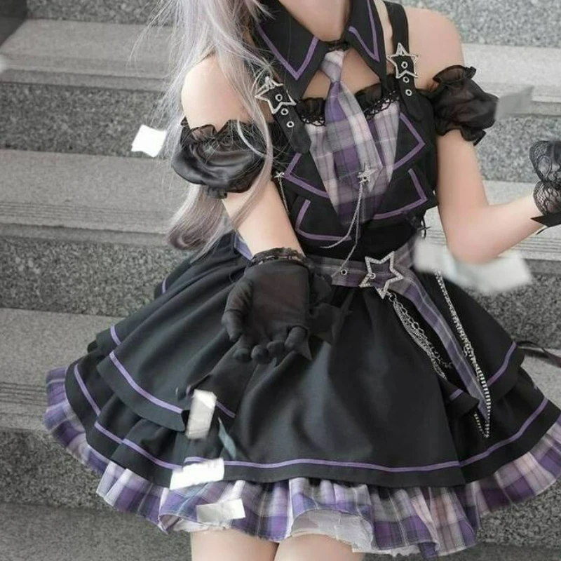 Japanese Gothic Lolita Style Dress Women Vintage Punk Slash Neck Off Shoulder Plaid Dresses Girls Harajuku Y2k Party Mini Dress