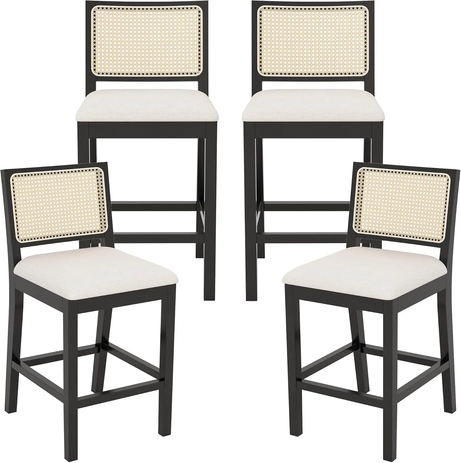 Westice Rattan Bar Stools Set Of 4, 26"" Farmhouse Counter Height Stools With Natural Rattan Back And Wood Frame, Upholstered