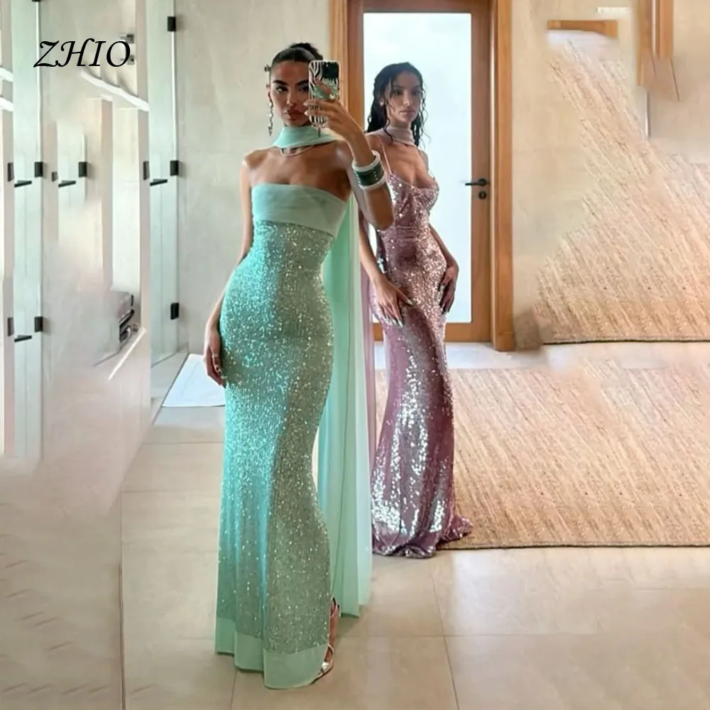 فساتين سهرة لامعة باللون الأخضر الفاتح من ZHIO مع شال ترتر بدون أكمام بطول الأرض للحفلات الراقصة والولائم المخصصة رداء السهرة