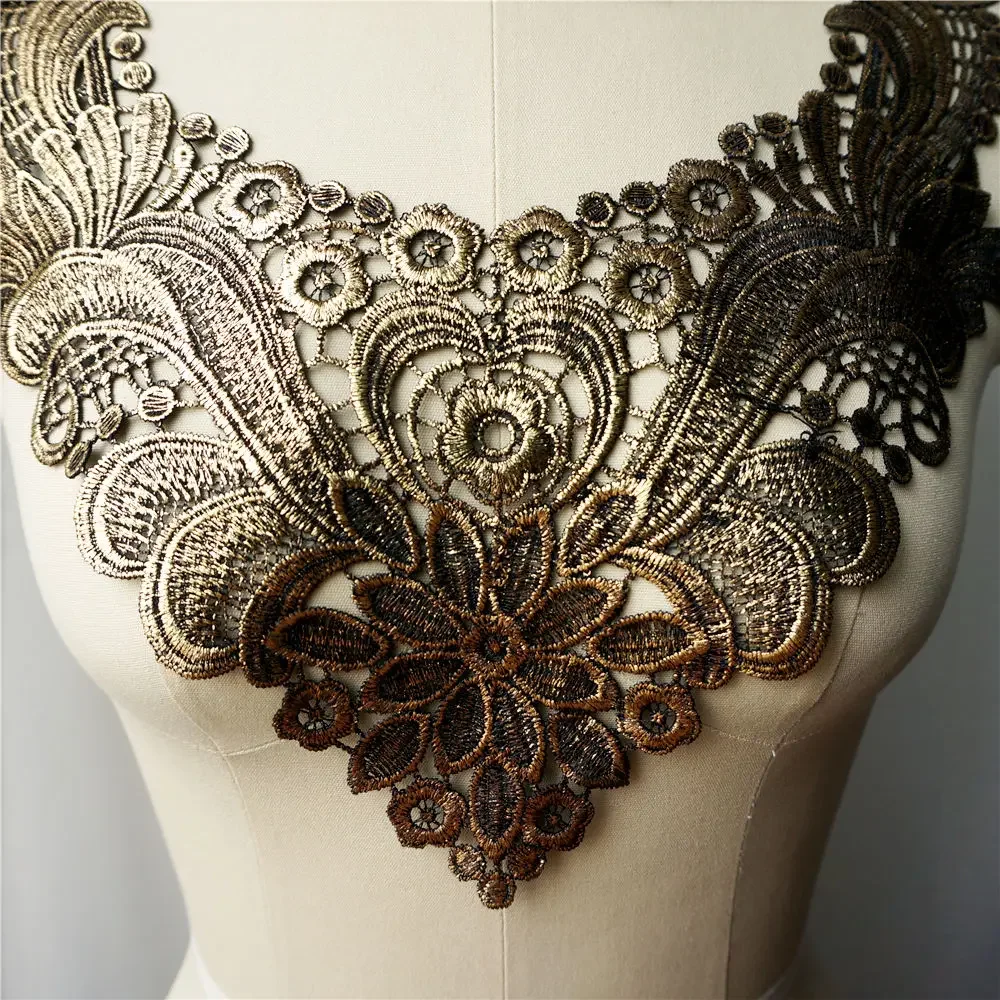 Bronze Flower Collar Embroidered Wedding Gown Appliques Lace Fabric Trims Sew On Patches For Dress DIY Decoration