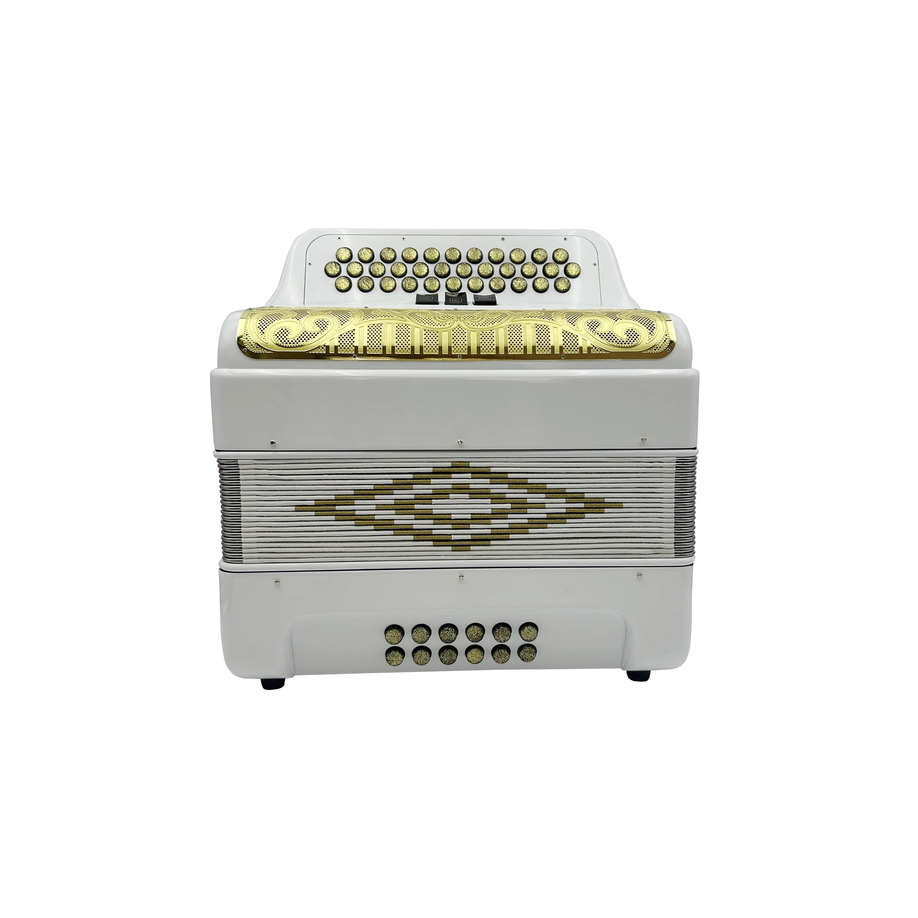 

Professional Diatonic 34-Button 12-Bass 3-Register Accordion JB3412C Bright White Wood Body Gold Grill Buttons Portable