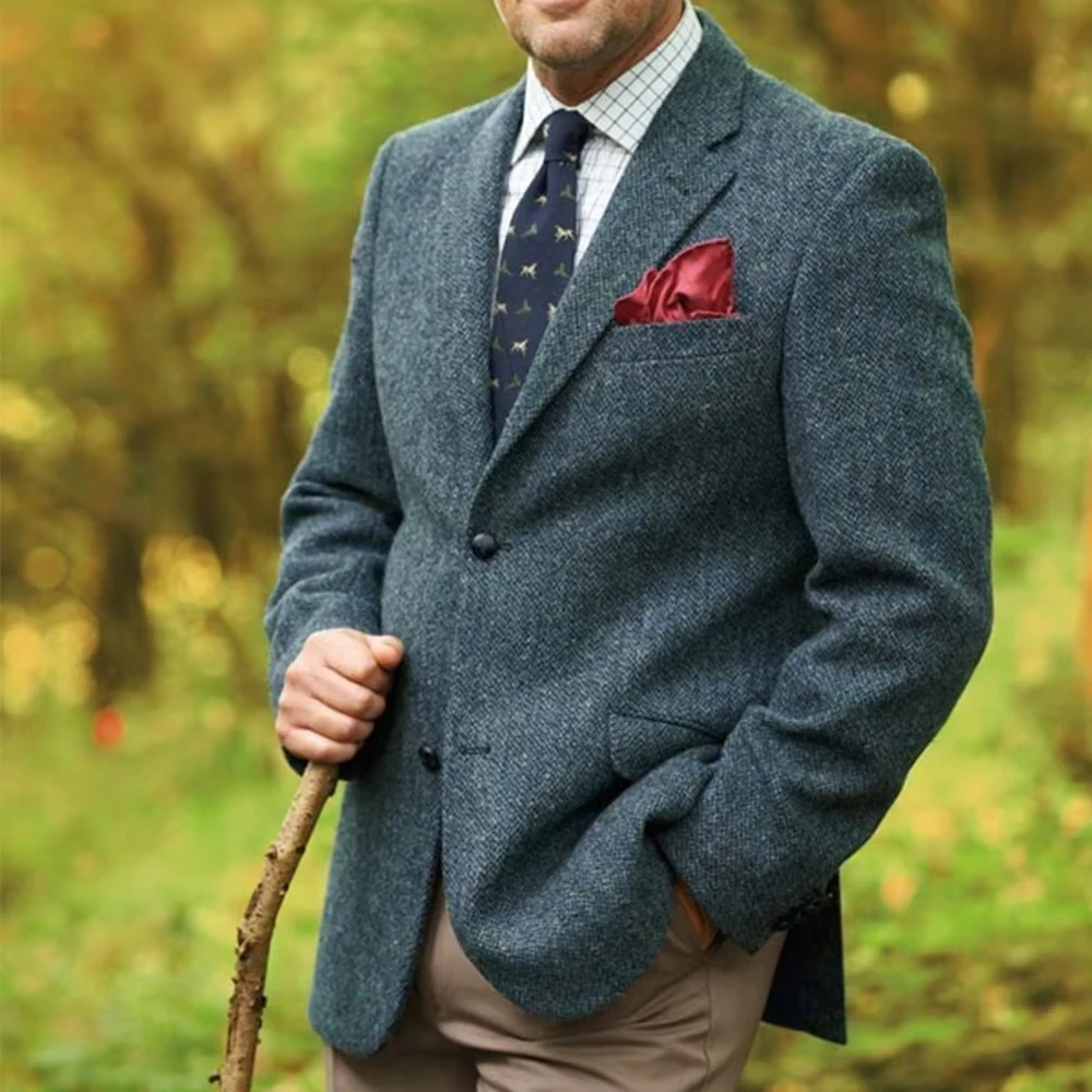 سترة بدلة بنمط متعرجة رمادية للرجال سترة كلاسيكية واحدة الصدر غير رسمية للتنقل في الخريف 2025
