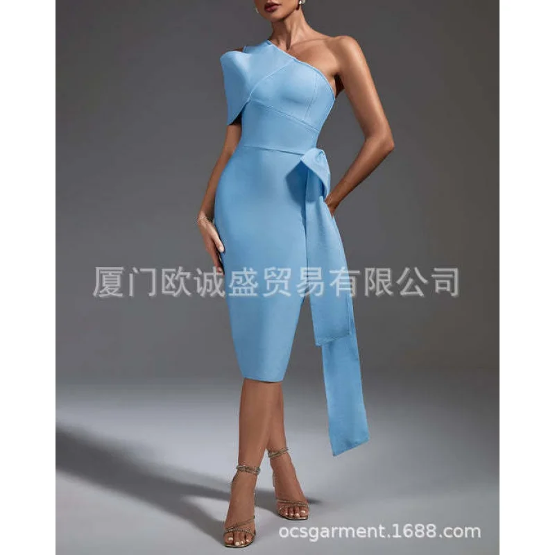 Women's Cross-Border Fashion Slant Shoulder Waist Bow Slimming Slim Banquet Bandage Dress