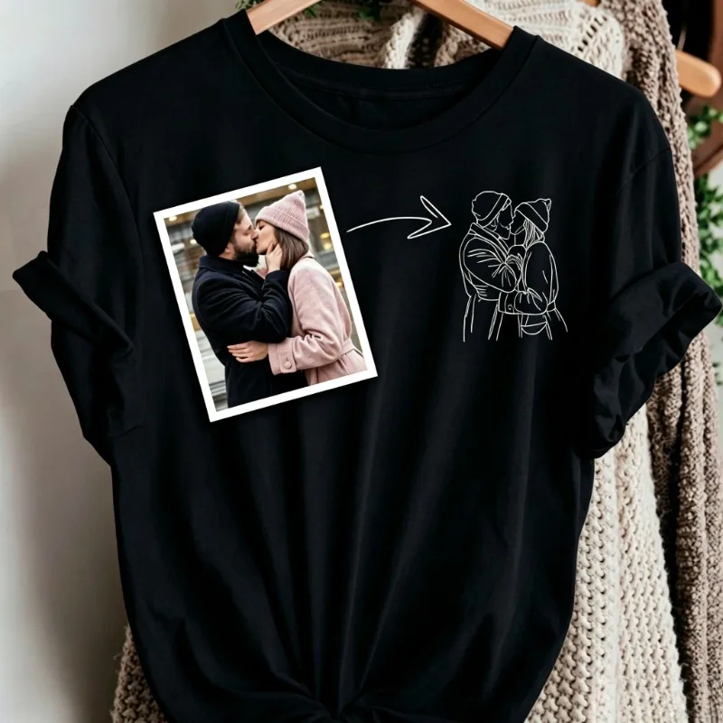 Custom Couple Line Art T‑Shirt Personalized Photo To Line Drawing Portrait Tee Customized Lover Anniversary Valentine Gift Shirt