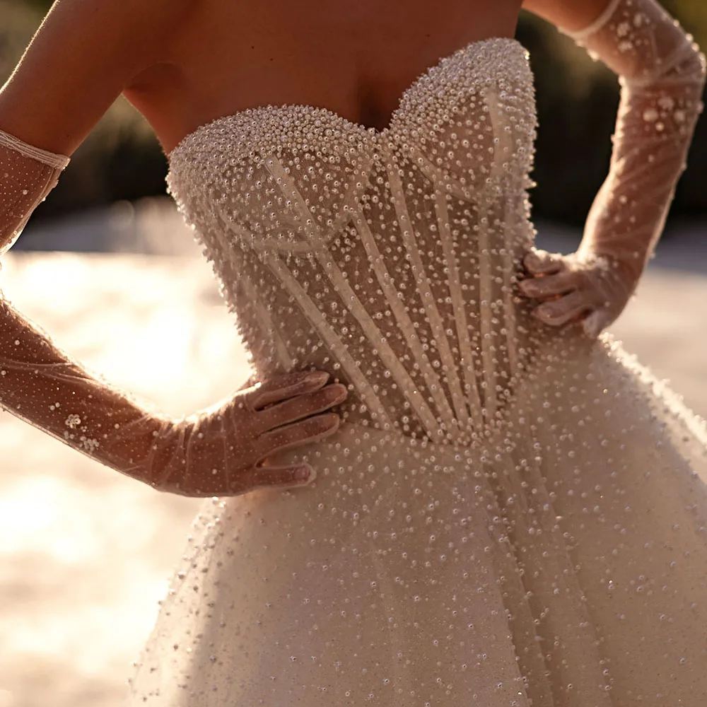 تخصيص اللؤلؤ مشد فستان الزفاف لحفلات الزفاف الحبيب الوهم ألف خط فساتين الزفاف تول تنورة vestidos de novia