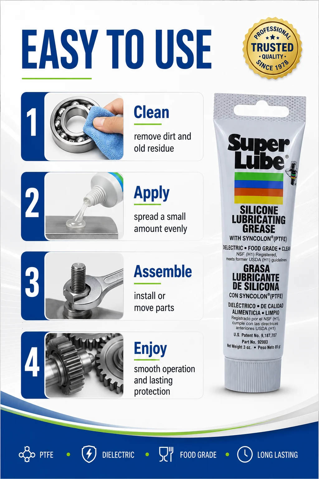 Super Lube 92003 PTFE-Fett Lebensmittelgeeignetes Silikon-Schmiermittel Wasserdicht NLGI 2 Mehrzweck 20g 50g 85g – Detail 7