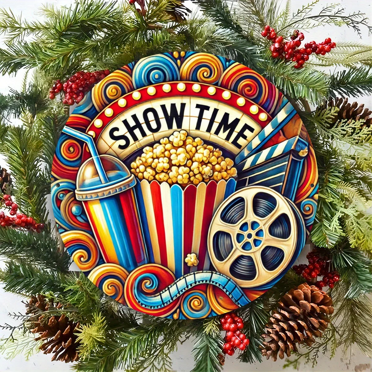 Vintage Cinema & Popcorn Runde Metallwandkunst – 7,8" lebendiges Blechschild mit festlichen Dekorationen, langlebiges Innen-/Außen-Hängeschild