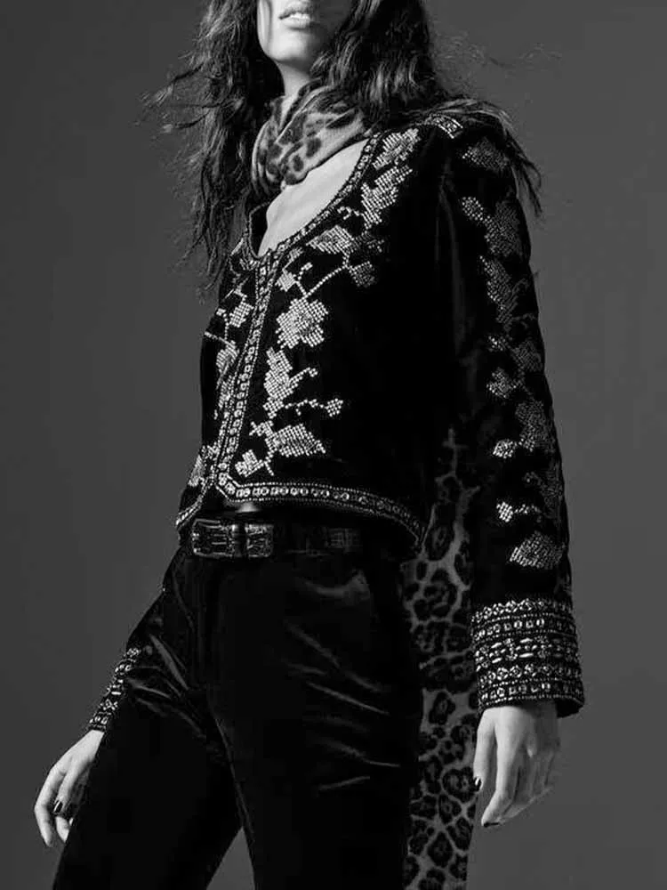 

European and American style autumn new fashion trend women's design sense loose versatile embroidered imitation velvet jacket