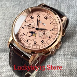 CORGEUT 42MM ST 1655 Automatic Movement Men's Watch Year Date Multifunctional Indicator Leather Band Polished Sliver Case