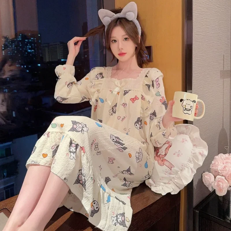 110kg 5XL Plus Size Cartoon Home Dress Korean Students Wrinkled Cloth Pajamas Autumn Long Sleeved Nightgown Princess Loungewear