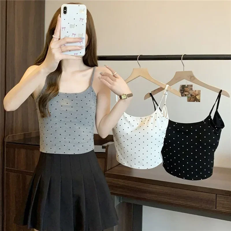 Sleeveless Deep U Plunge Backless Crop Tops Polka dot Sexy Basic 2024 Summer Casual Cami Backless Y2k Vintage Tank Top Women