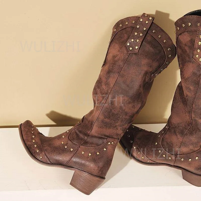 

Dark Brown Vintage Leather Cowboy Boots Women Long Loose Fitting Pleated Chunky Heel Round Toe Cool Spring Girl Outdoor Shoes